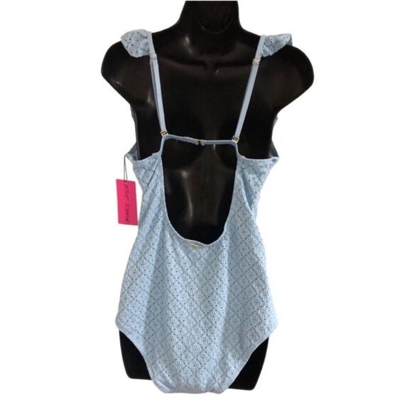 Betsey Johnson Clear Sky Blue Suit Ruffle Eyelet V Swimsuit size L New - Picture 5 of 5